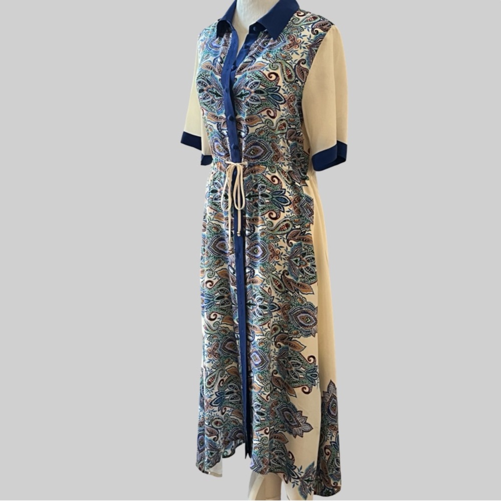 Johnny Was Cream and Blue High-Low Button-Front Midi Dress Size Small - Picture 11 of 16